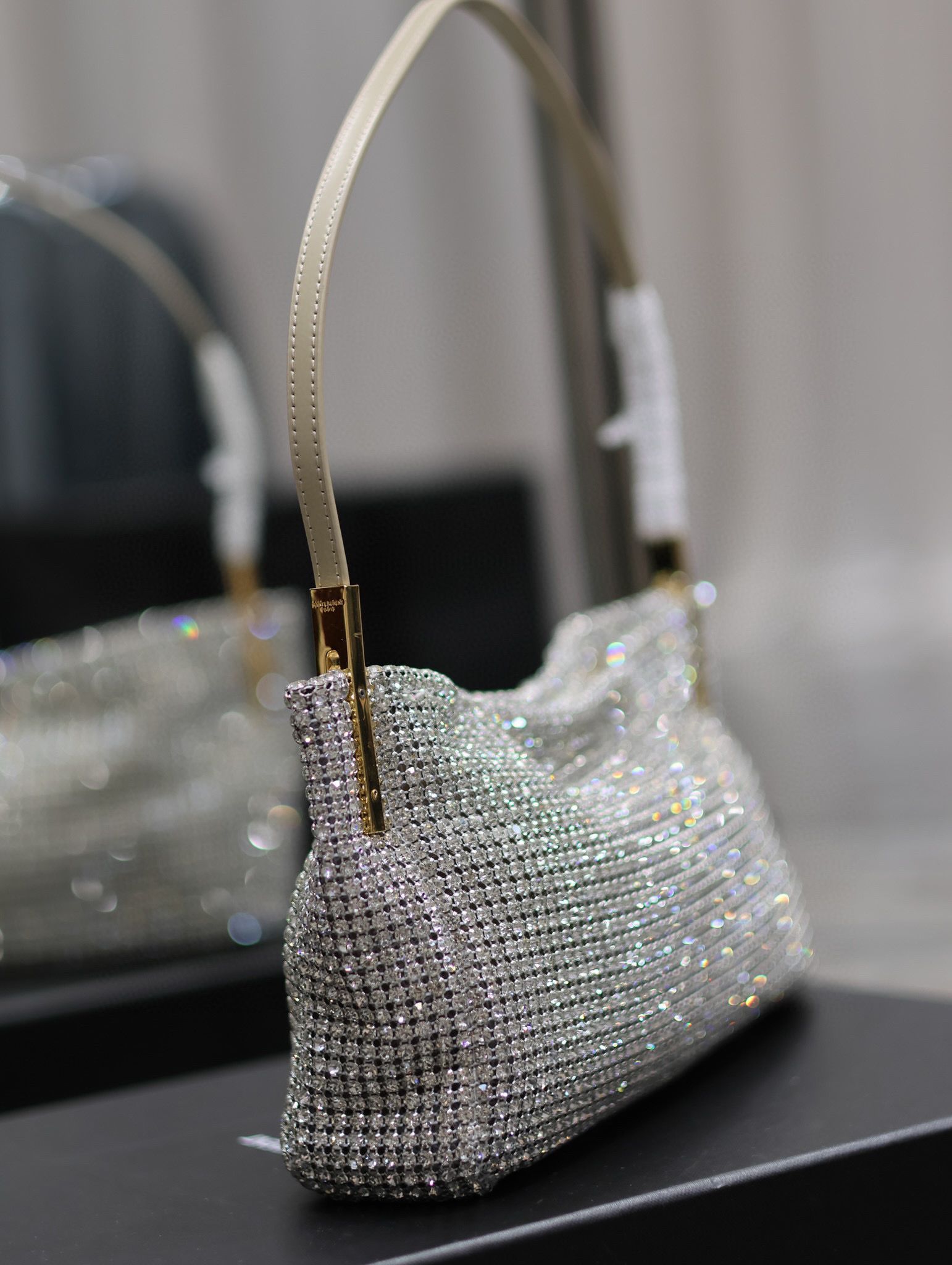 Yves Saint Laurent Suzanne Small In Rhinestones Mesh And Satin Shoulder Bag 741637 Silver Yves Saint Laurent Suzanne Small In Rhinestones Mesh And Satin Shoulder Bag 741637 Silver