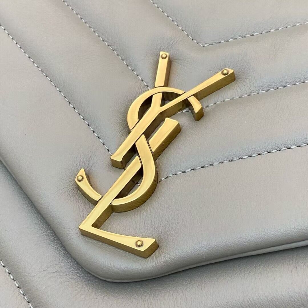 SAINT LAURENT Loulou Monogram Large quilted leather shoulder bag 392288 Light Gray Gold-Tone SAINT LAURENT Loulou Monogram Large quilted leather shoulder bag 392288 Light Gray Gold-Tone