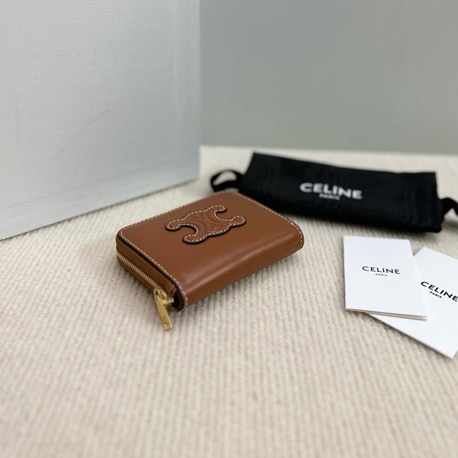 Celine COMPACT ZIPPED WALLET CUIR TRIOMPHE IN SMOOTH CALFSKIN 10K533 tan