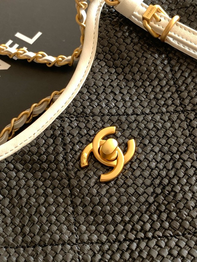 CHANEL Small Tote Braided Raffia AS6015 Black & White