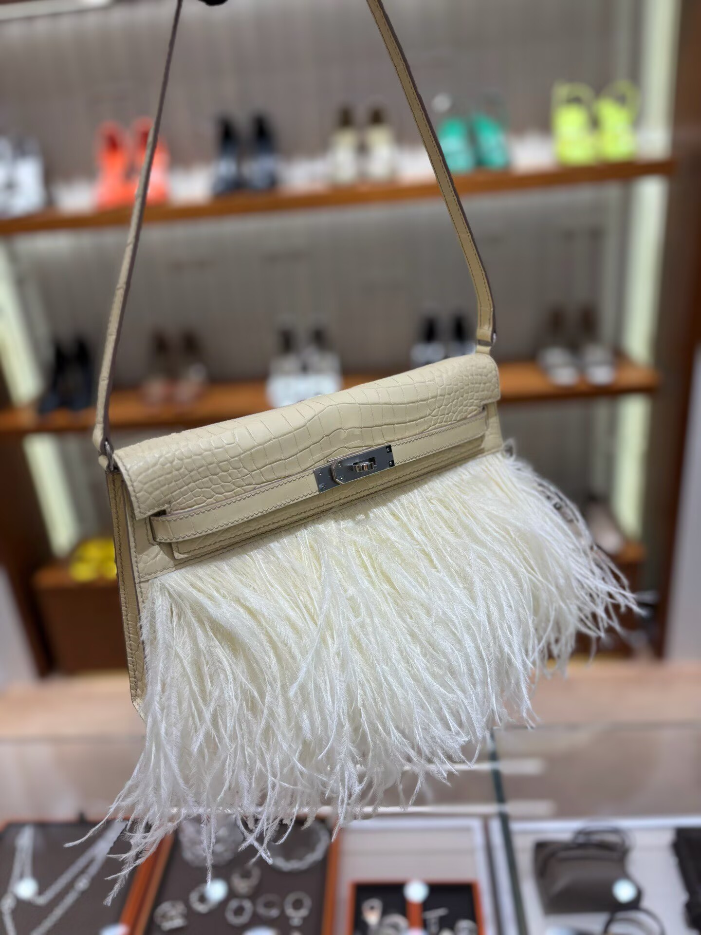 Hermes Kelly Elan Original Crocodile Leather Ostich Feathers Bag 83210 Cream