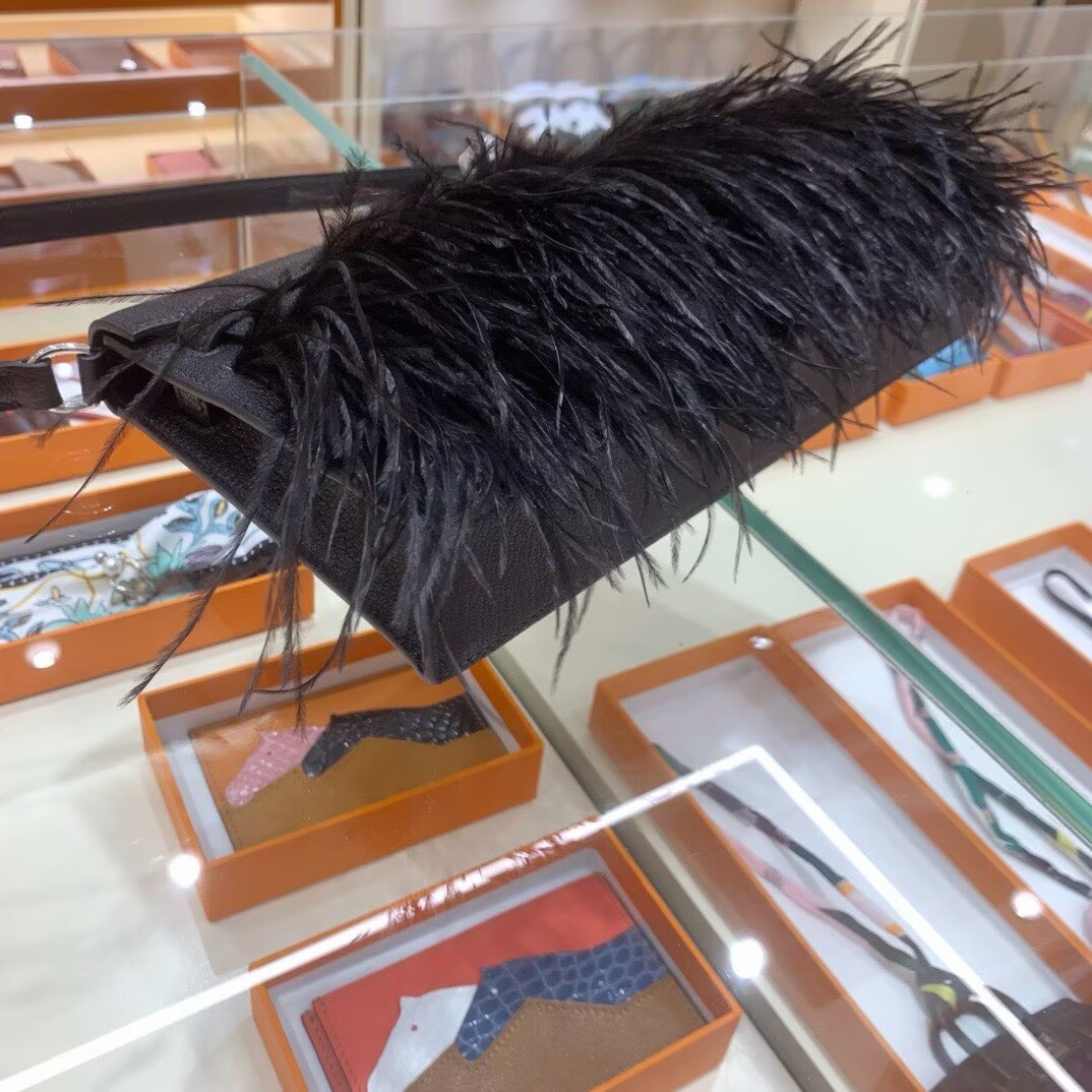 Hermes Kelly Elan Original Leather Ostich Feathers Bag 83210 Black