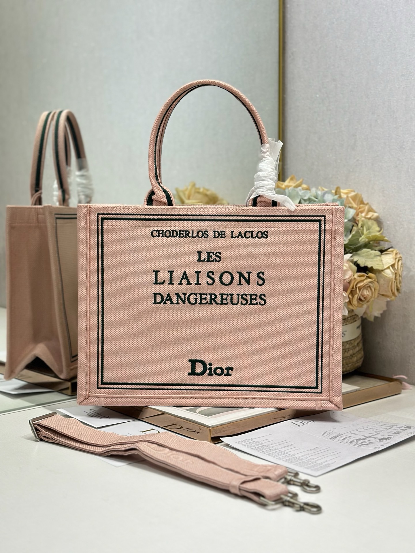 Medium Dior Book Tote with Strap M1354PE Pink and Green