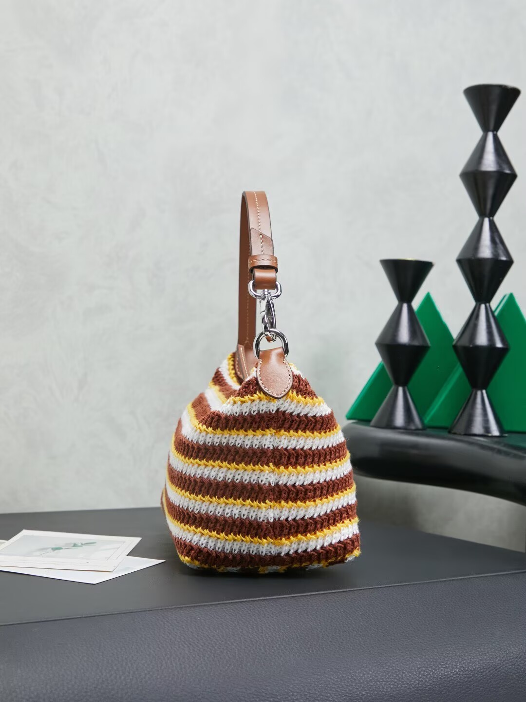 Miumiu Rainbow Weaving Top handle bag 5NE841 Brown&Yellow&White Fabric