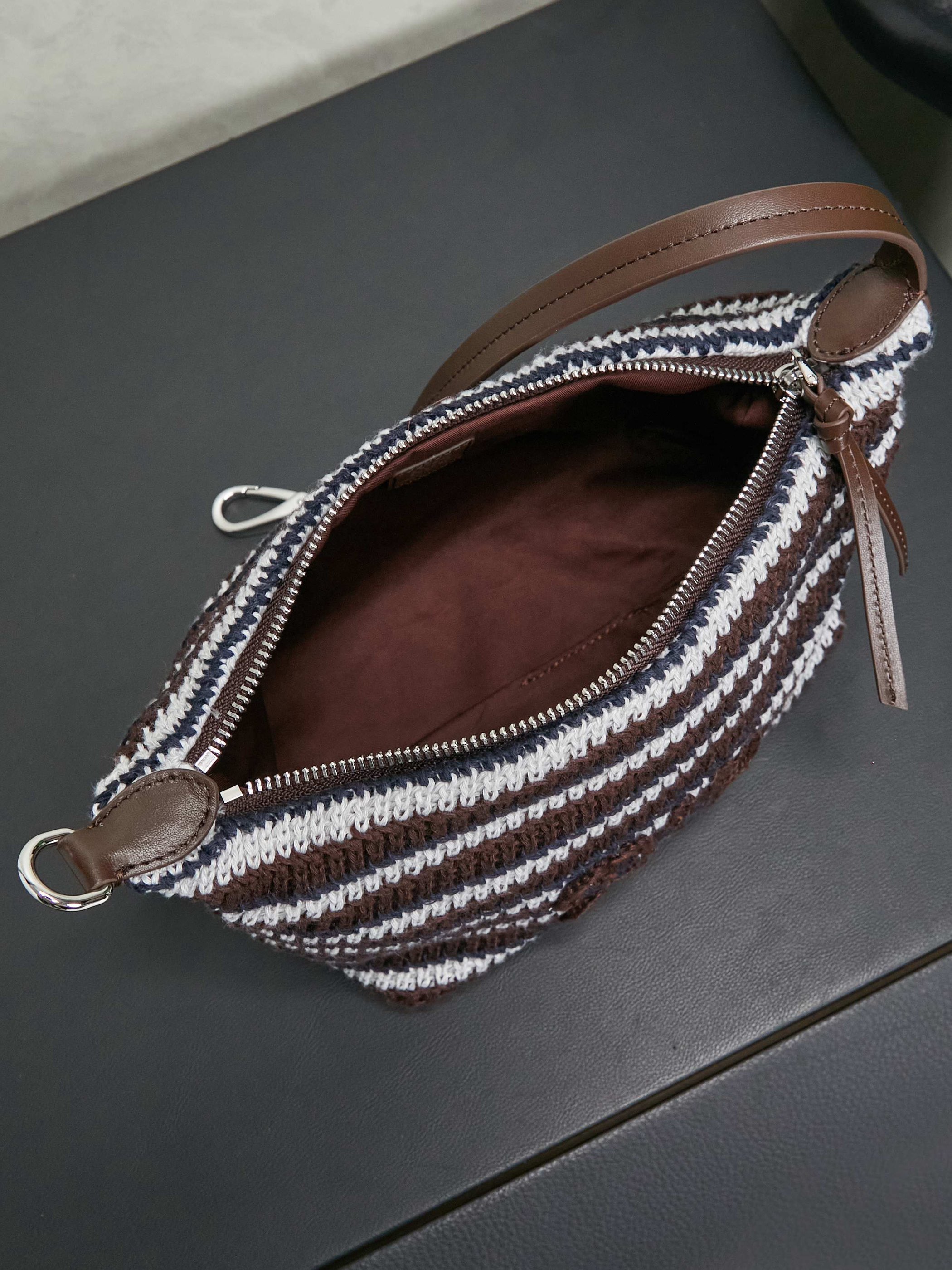 Miumiu Rainbow Weaving Top handle bag 5NE841 Dark Brown&Navy&White Fabric