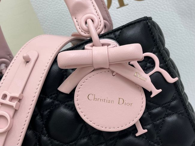 Small Lady Dior Bag with Strap Cannage Lambskin M0531OU black&pink Small Lady Dior Bag with Strap Cannage Lambskin M0531OU black&pink