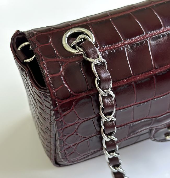 Chanel MINI FLAP BAG Crocodile Embossed 1116 Dark Burgundy&silver