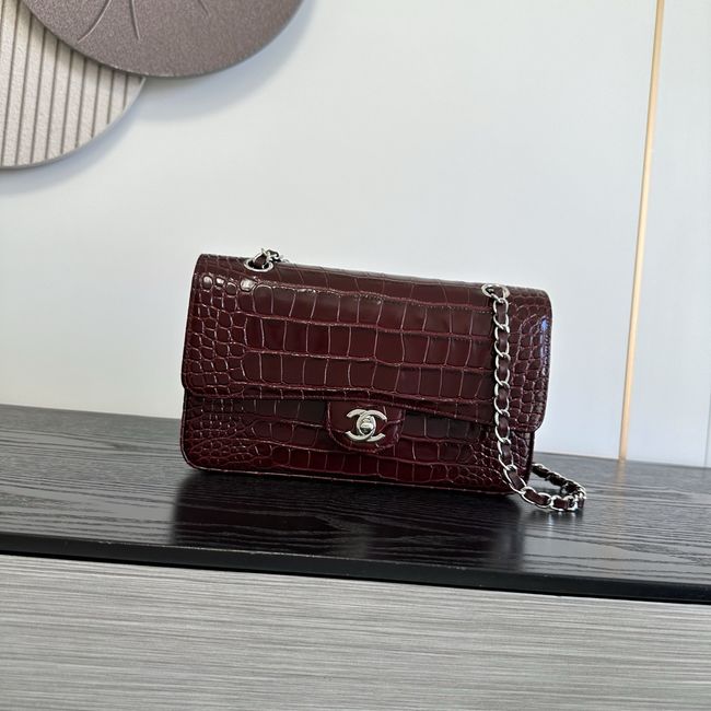 Chanel Small Flap Bag Crocodile Embossed 1112 Dark Burgundy&silver