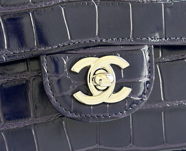 Chanel Small Flap Bag Crocodile Embossed 1112 dark blue&silver