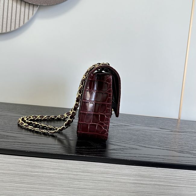 Chanel Small Flap Bag Crocodile Embossed Calfskin 1112 Dark Burgundy