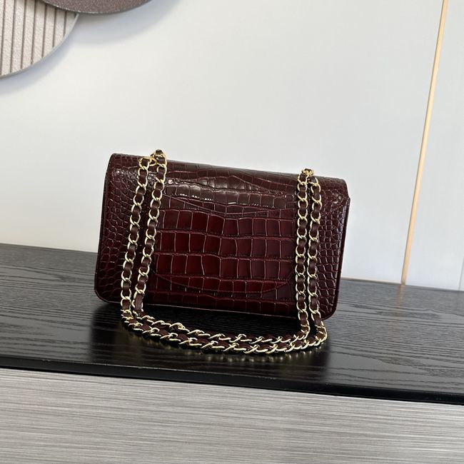 Chanel Small Flap Bag Crocodile Embossed Calfskin 1112 Dark Burgundy